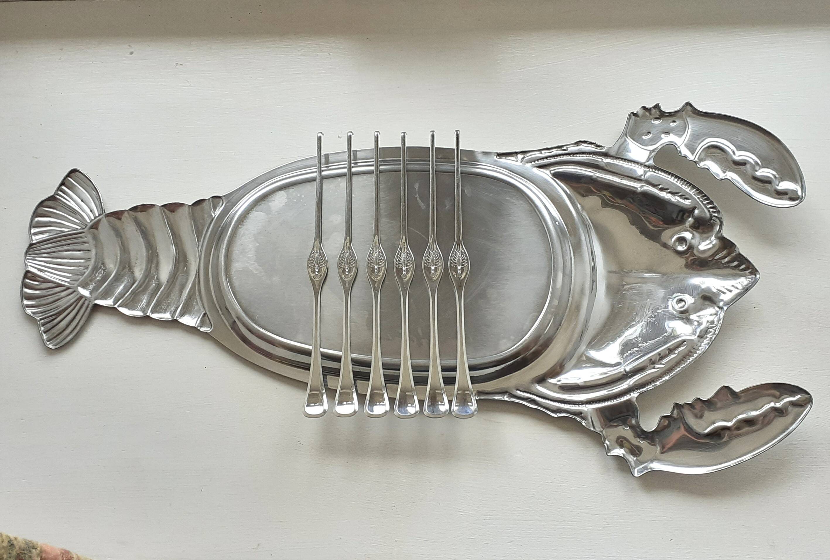 Lobster Platter and SIX Lobster Forks. Lobster Serving Set.