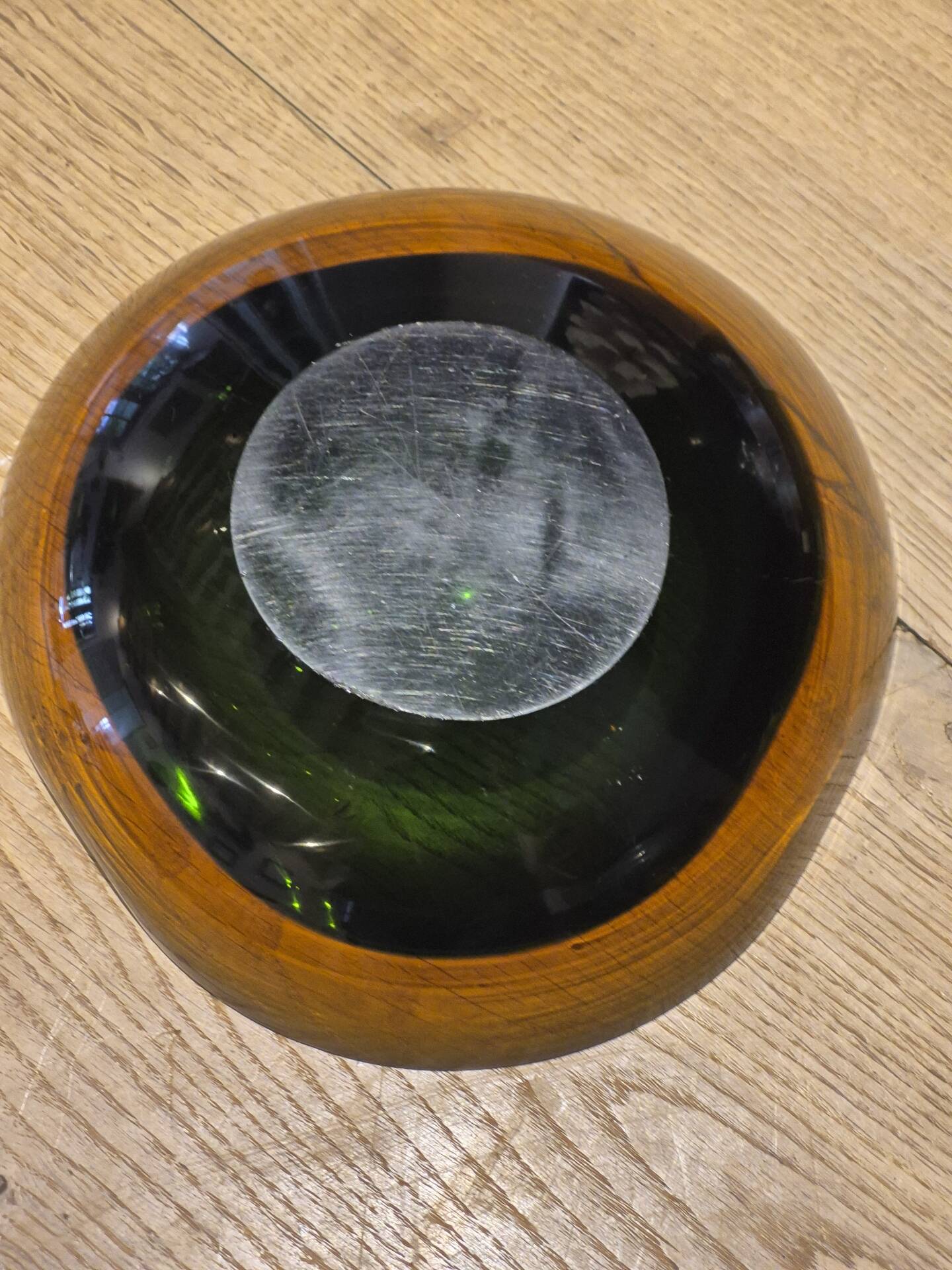Large vintage Murano glass ashtray in olive green and amber.