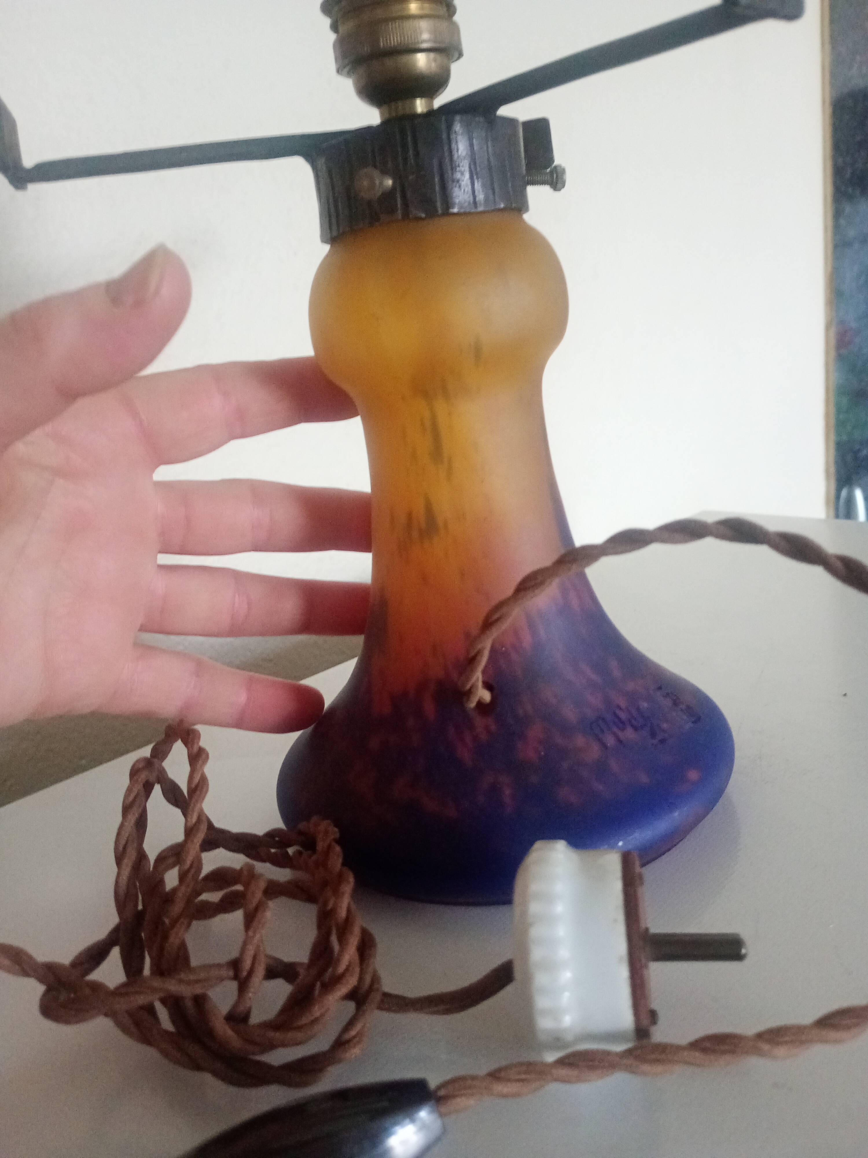 Müller Frères - Pied de Lampe verre marmoréen orange bleu & fer forgé