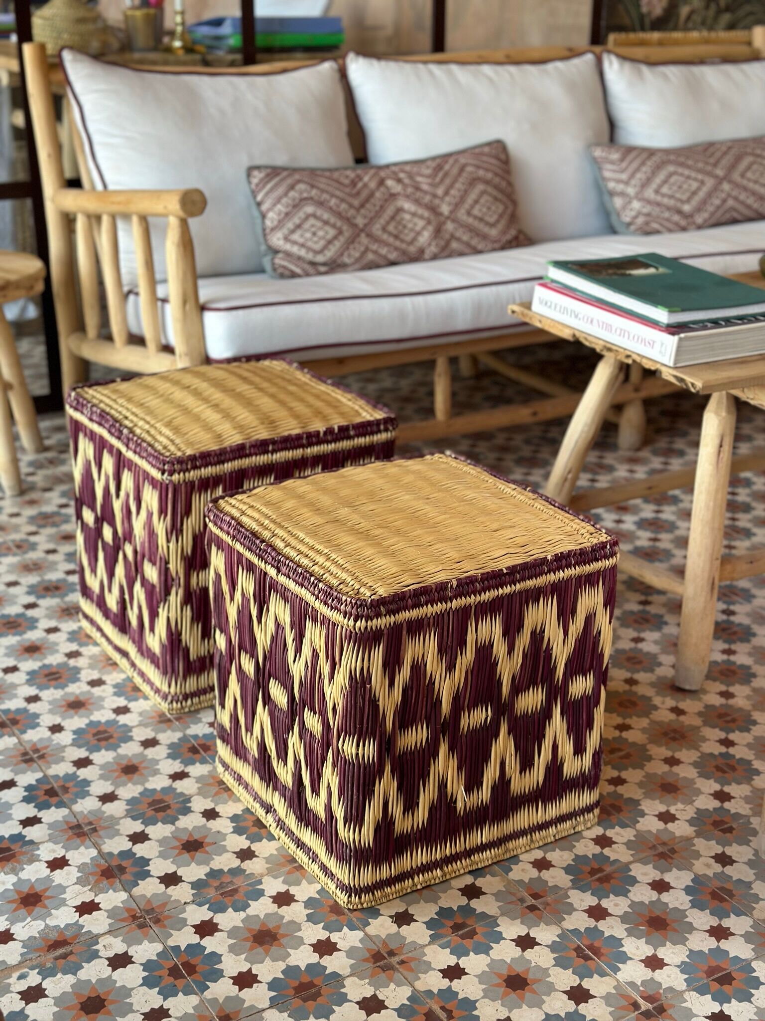 Set of two pouf seat cube rattan wicker graphic ikat red burgundy purple magenta