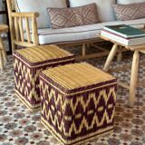 Set of two pouf seat cube rattan wicker graphic ikat red burgundy purple magenta