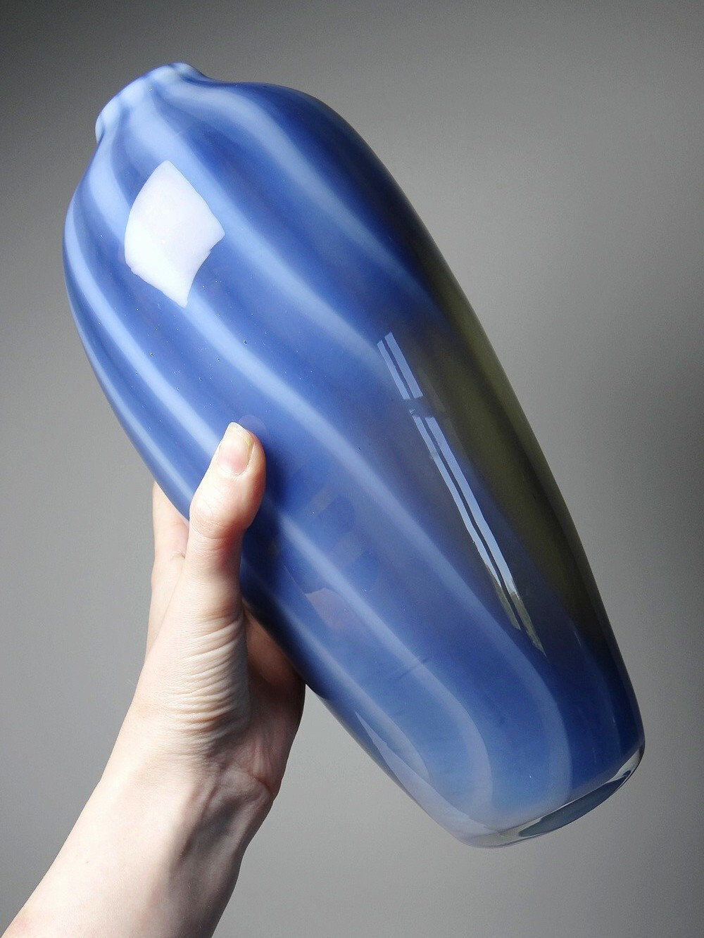 Vintage smoked glass vase lined with opaline, Murano bubble.