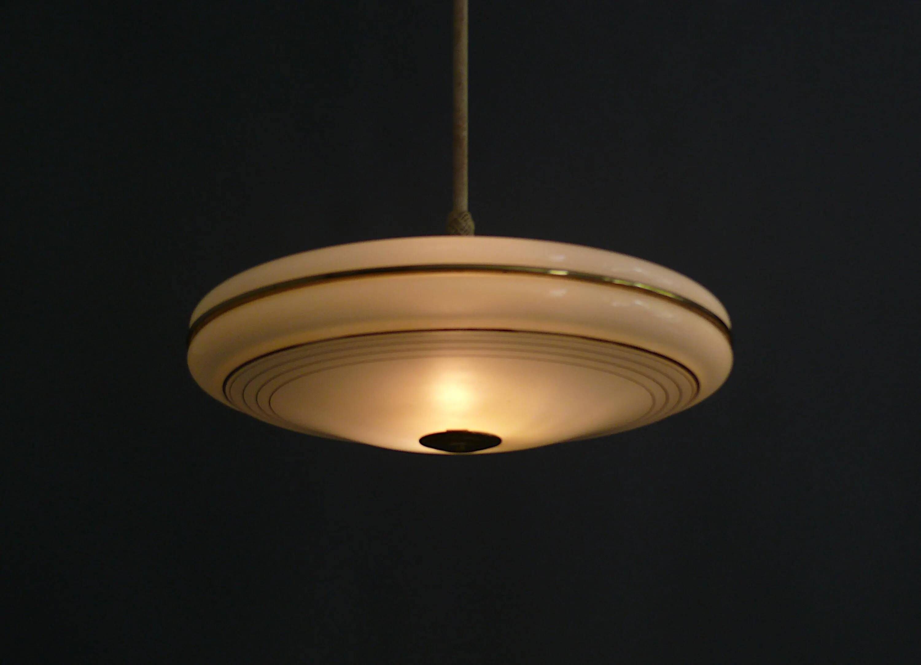 Beige Art Deco Pendant Light with Golden Radial Stripes and Brass Profile, 1930-1940
