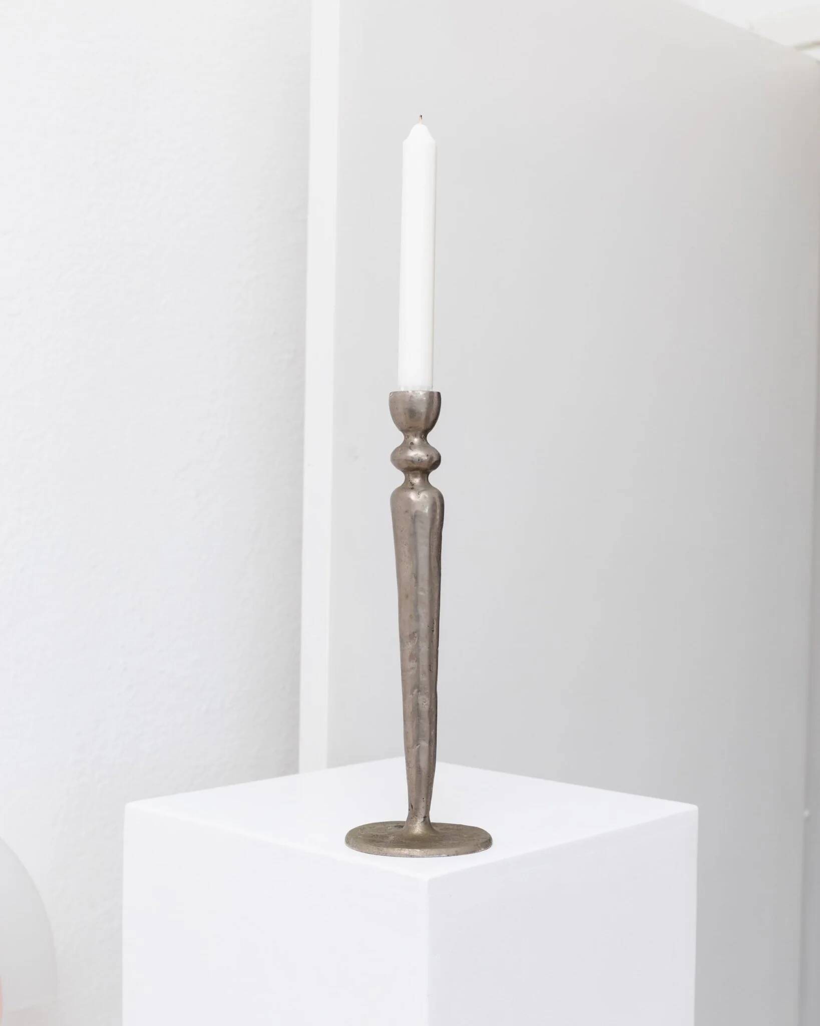 Brutalist vintage candlestick in gris patinated metal from Sweden, 1970s decorative lighting gift