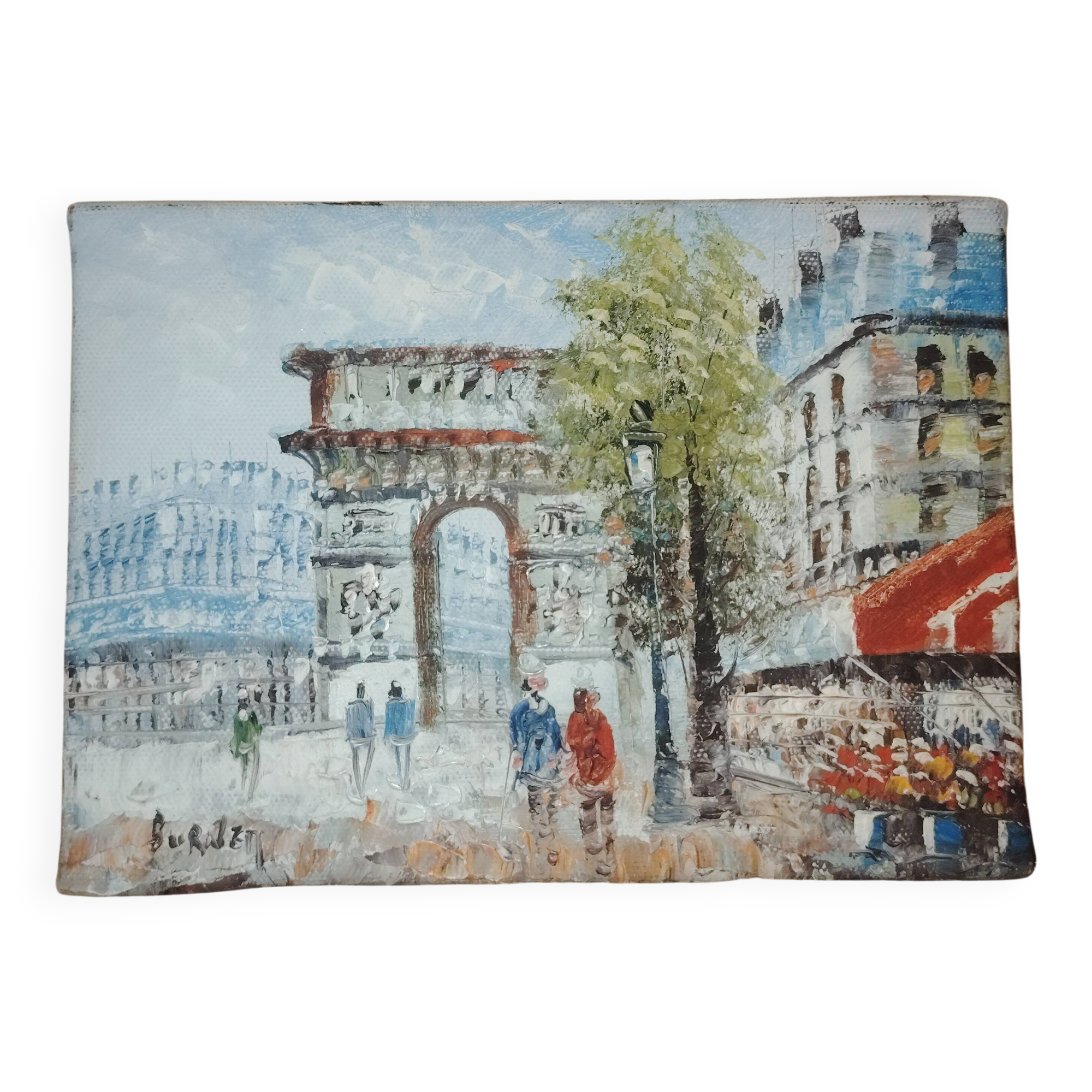 Petit tableau ancien signé – Scène de Paris (Arc de Triomphe)