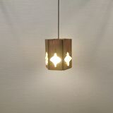 Older hanging lamp, made of metal with yellow prisms.