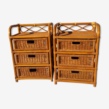 Pair of bedside tables with wicker and rattan drawers