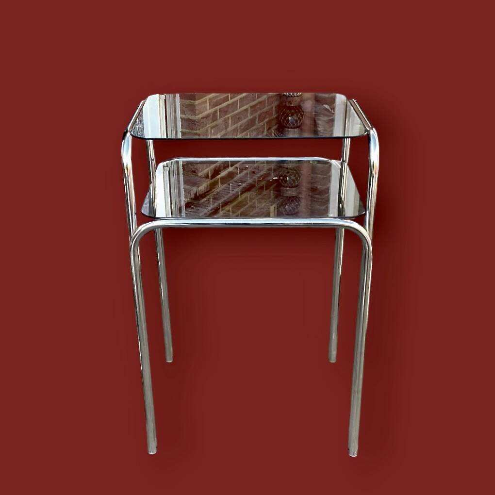 Vintage side table in chromed metal and smoked glass - modernist style