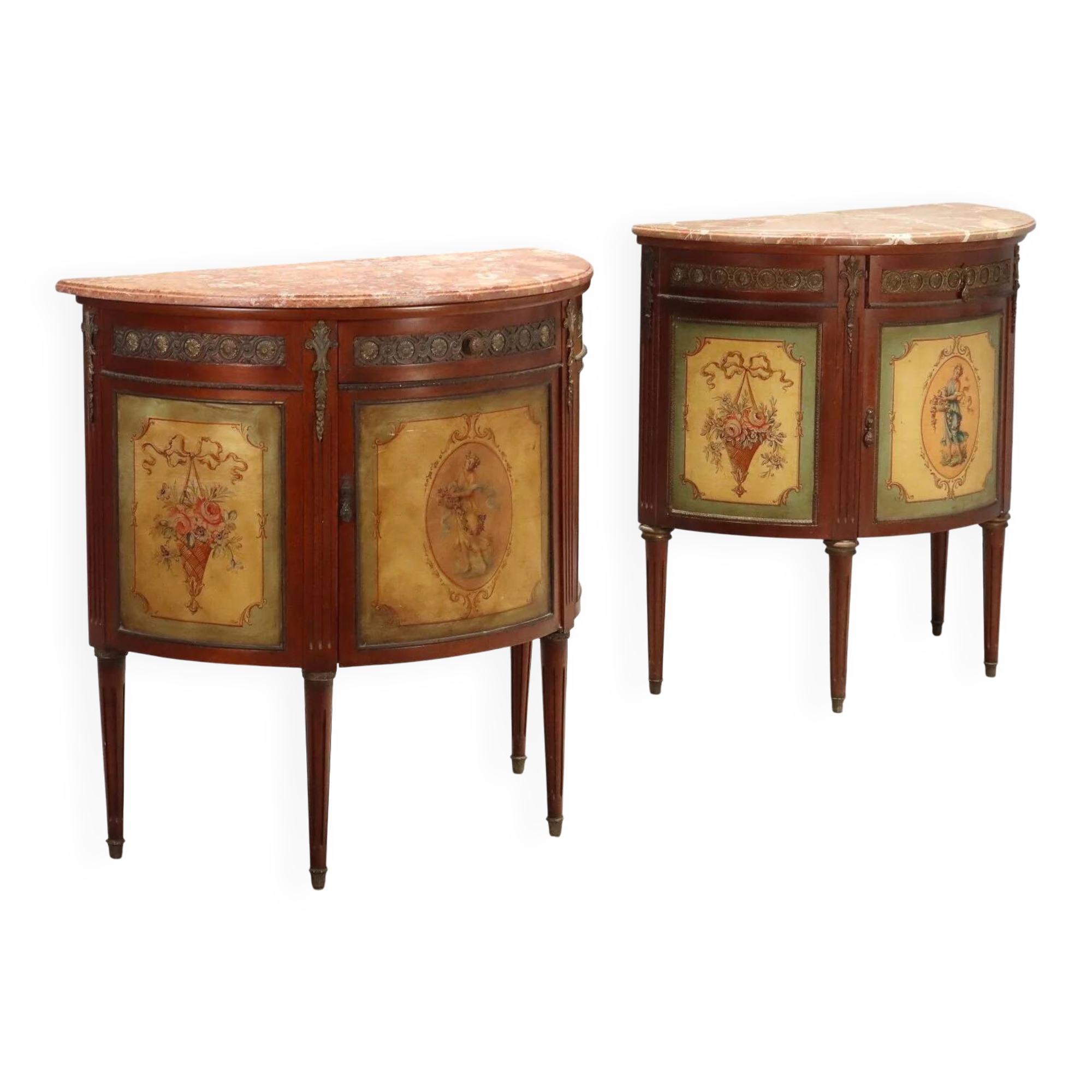Antique demi-lune buffets in neoclassical style in mahogany from the 20th century.