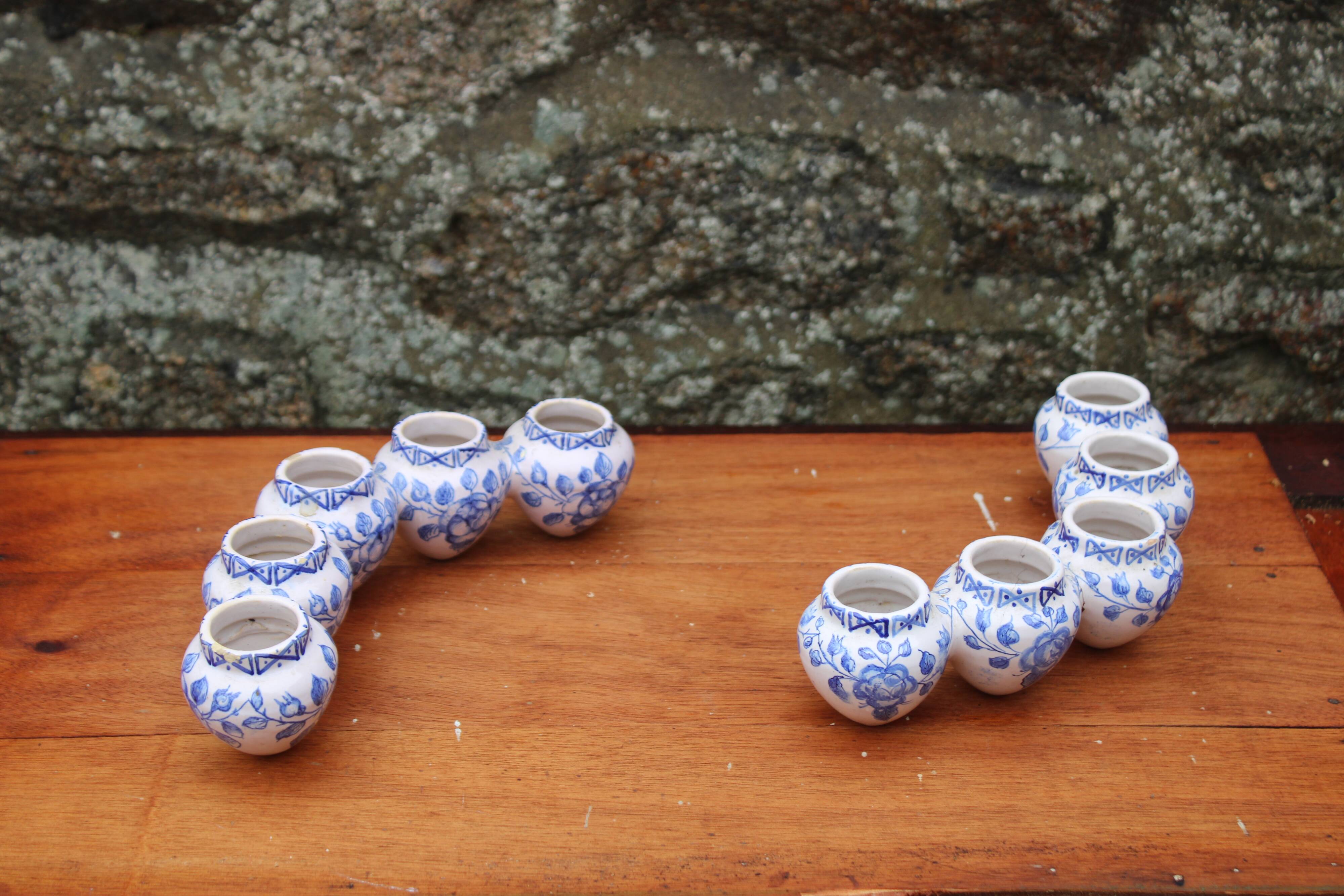 Pair of antique blue ceramic candlesticks • Apothecary size 5x2 (10 burners)