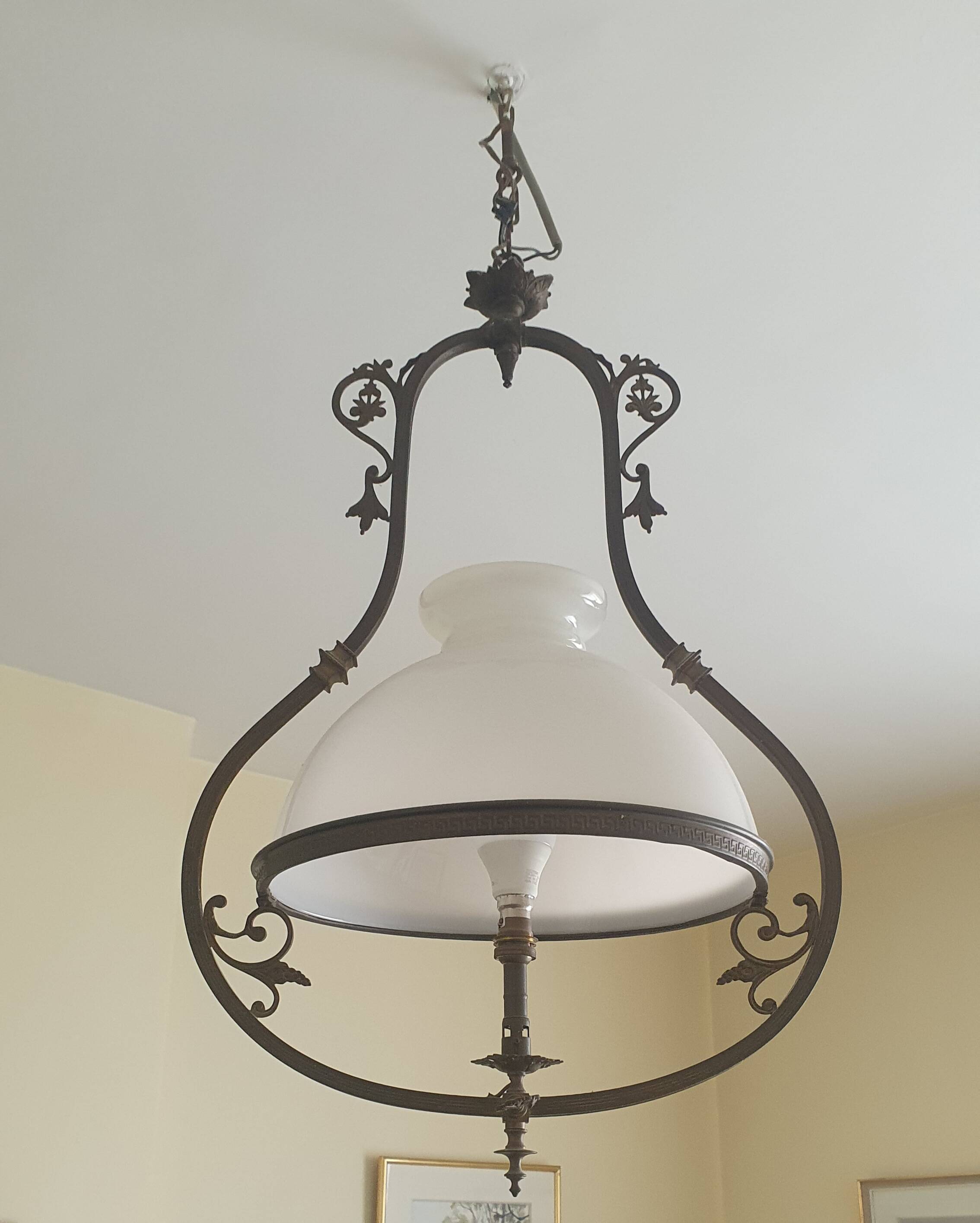 Opaline and copper pendant light