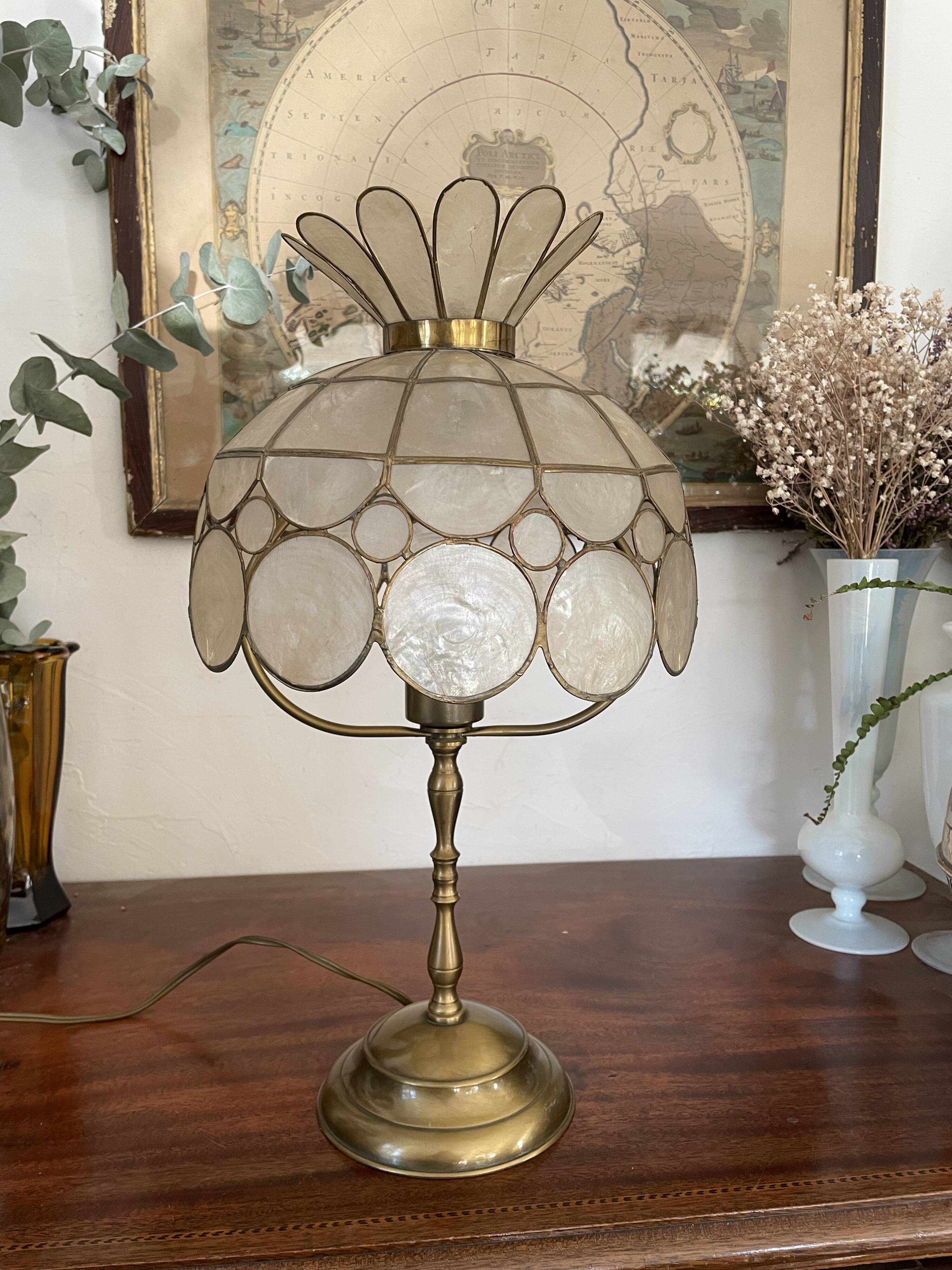 Pair of brass and mother-of-pearl lamps