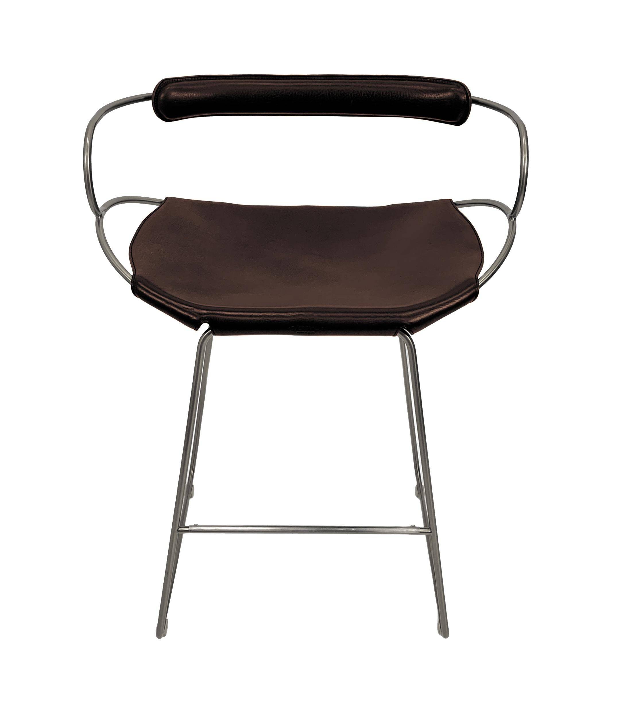 Kitchen bar stool with a weathered silver metal back and dark brown leather.