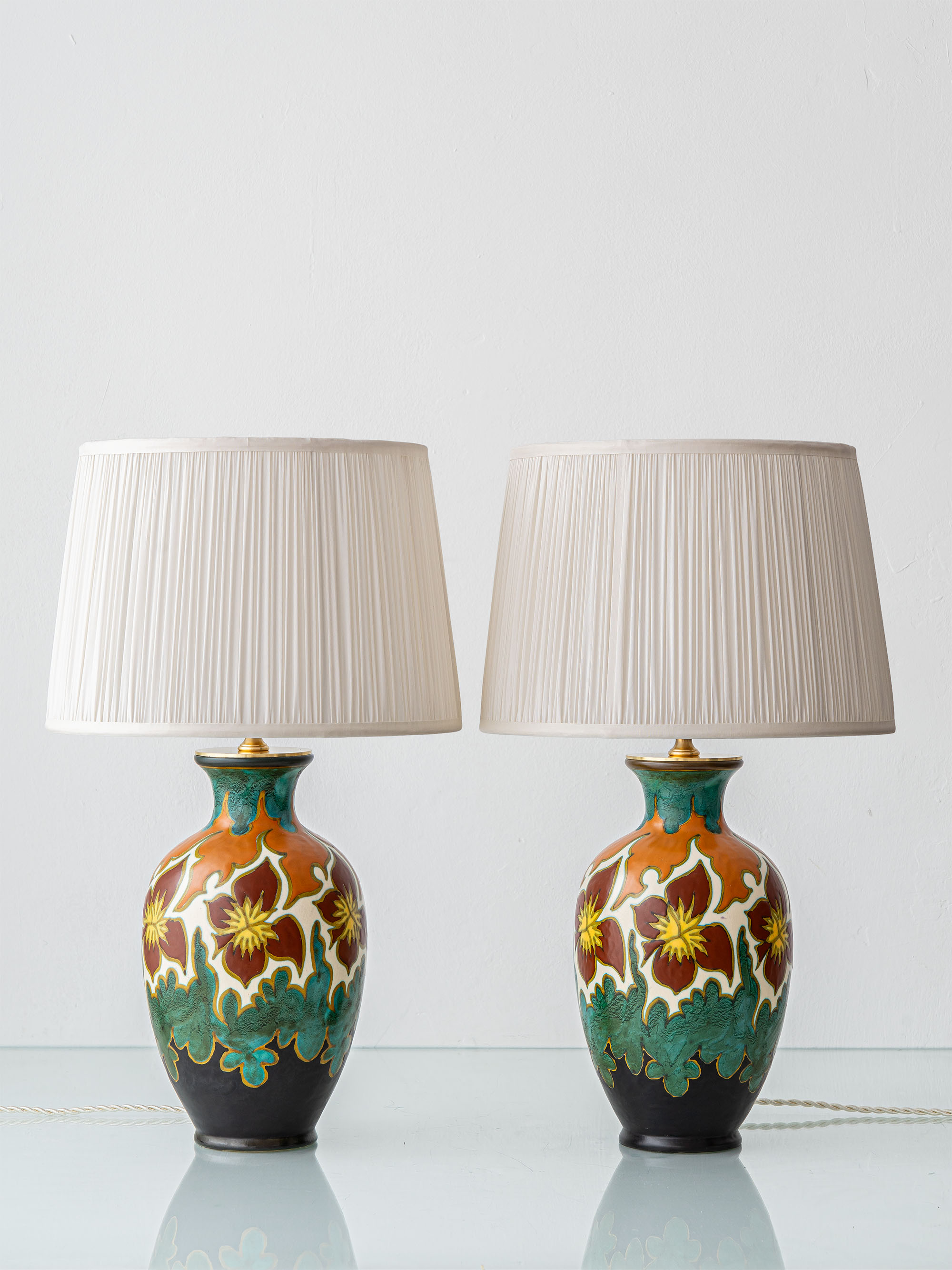 Gouda Pottery Table Lamps, Pair, Dutch Art Deco Floral, New Silk Shades