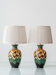 Gouda Pottery Table Lamps, Pair, Dutch Art Deco Floral, New Silk Shades