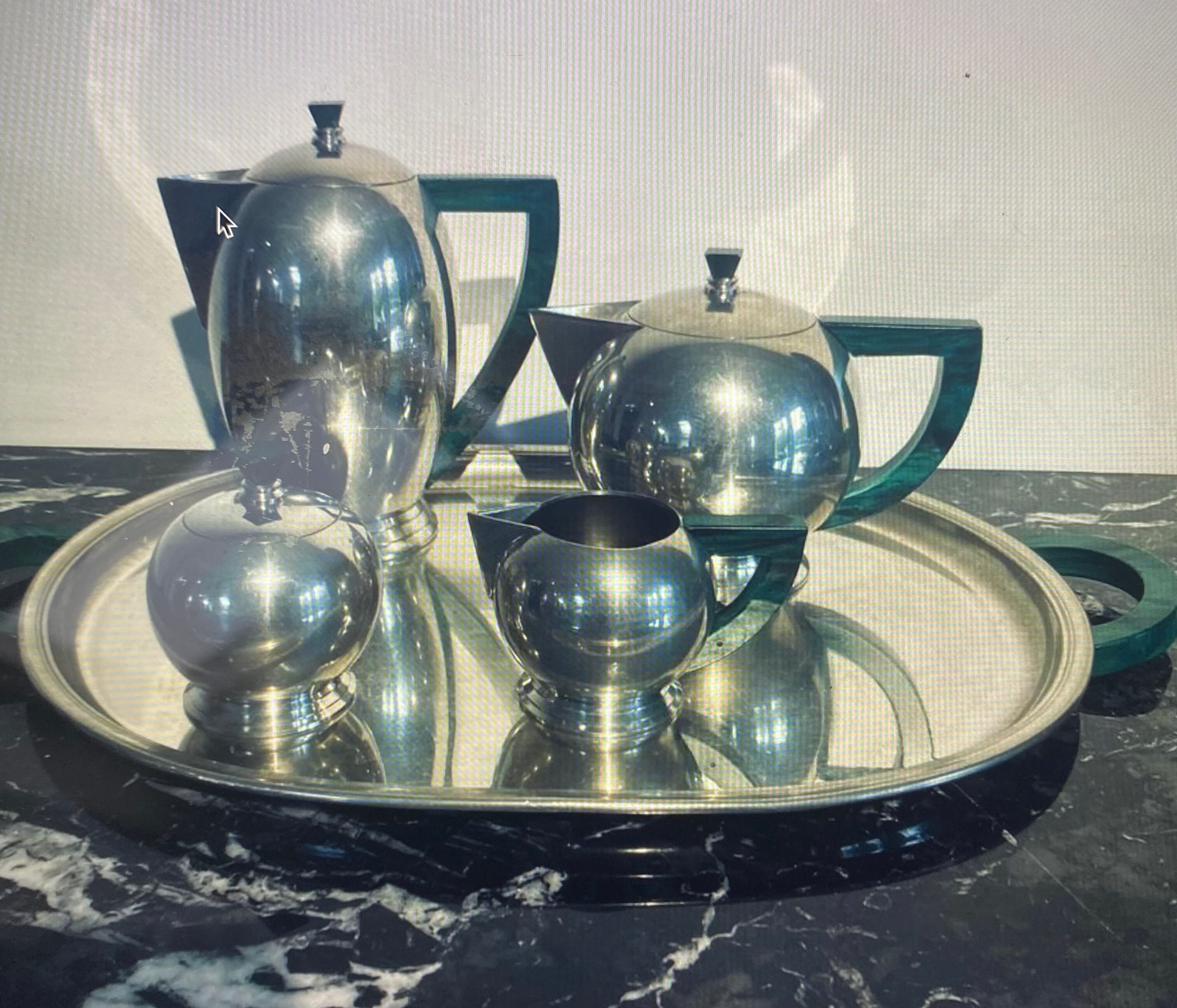 Tea service and coffee art deco handmade, solid tin and malachite