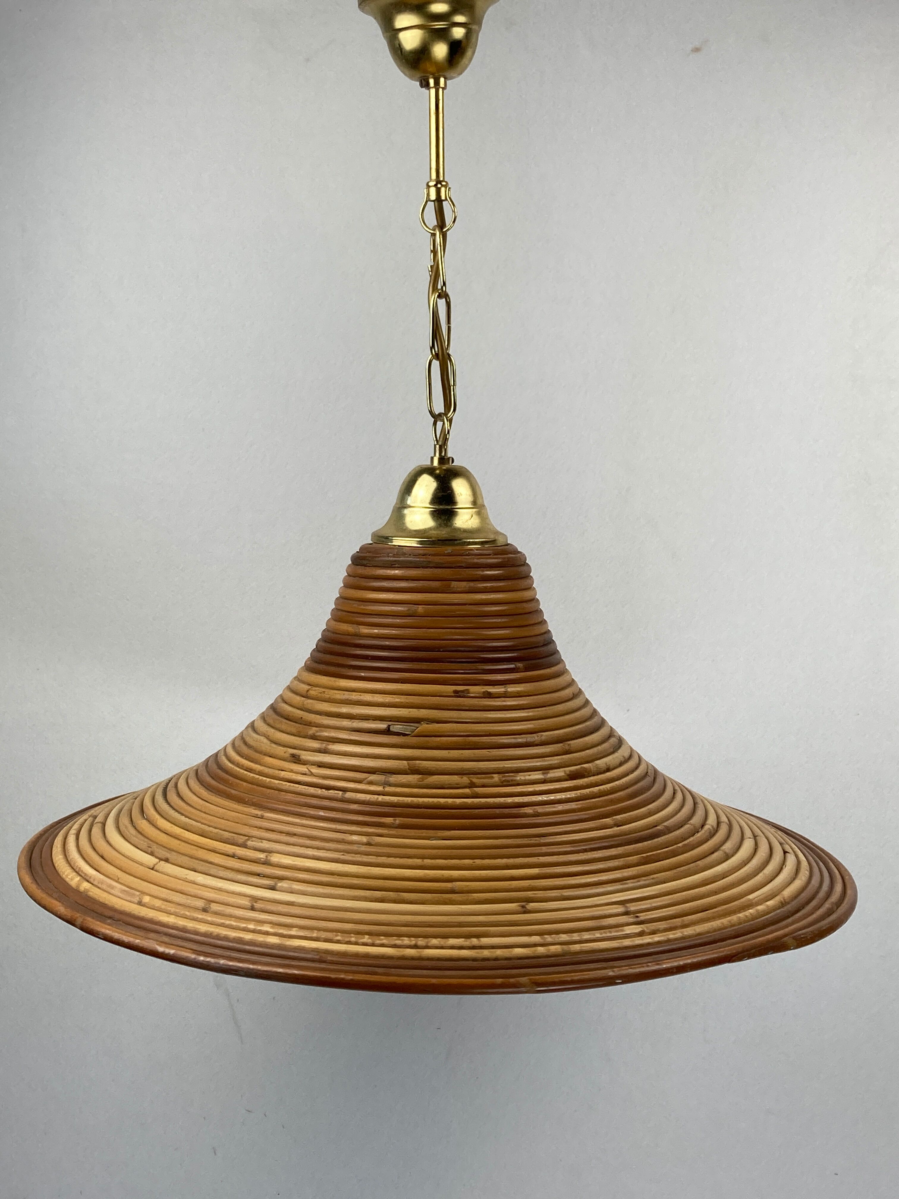 Pencil split reed rattan bamboo and brass pendant Lamp, 1970s