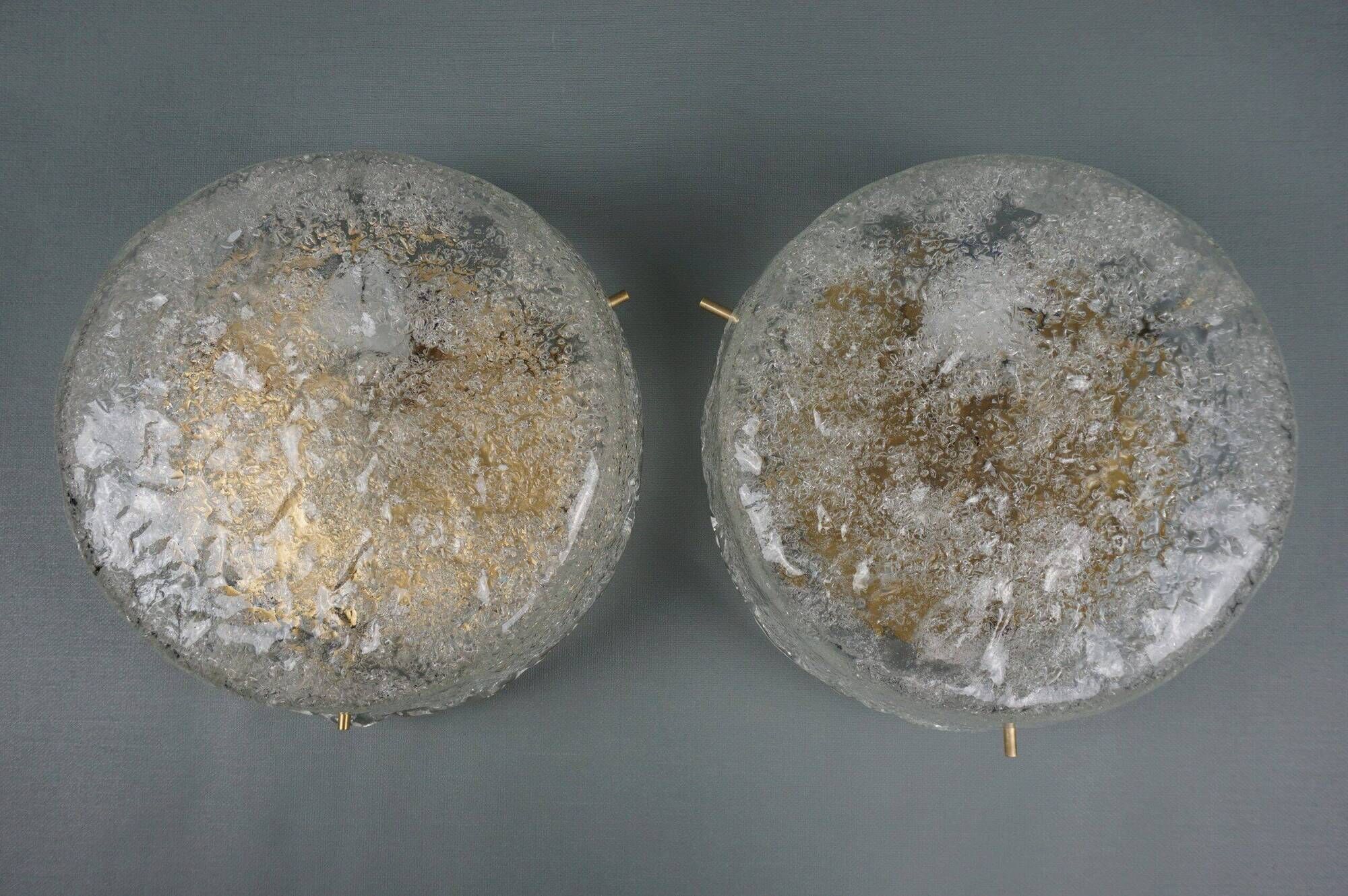 Set of two vintage ceiling lights made of ice glass from the 1970s