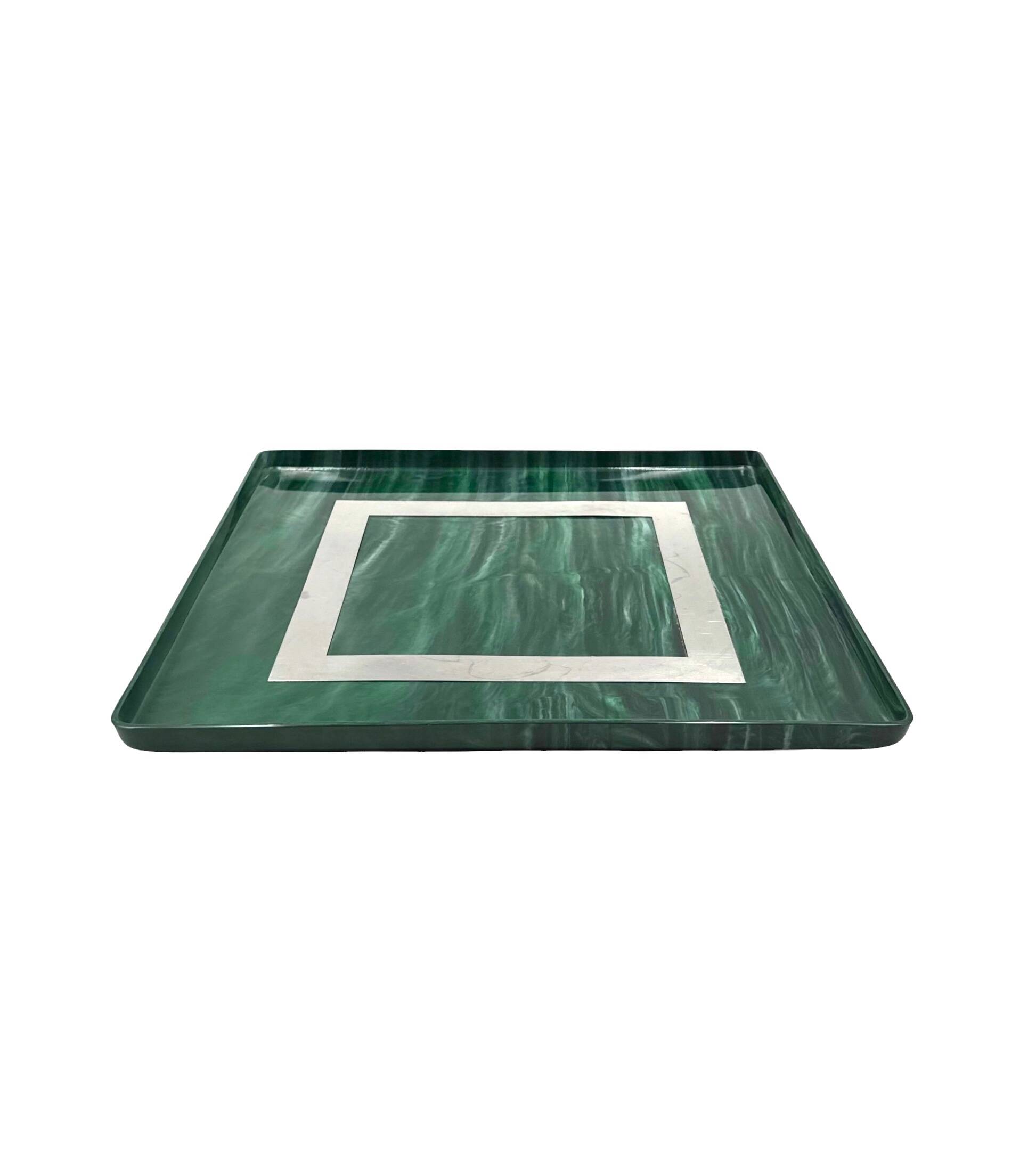 Hollywood regency malachite effect resin & brass tray, Italy 1970s