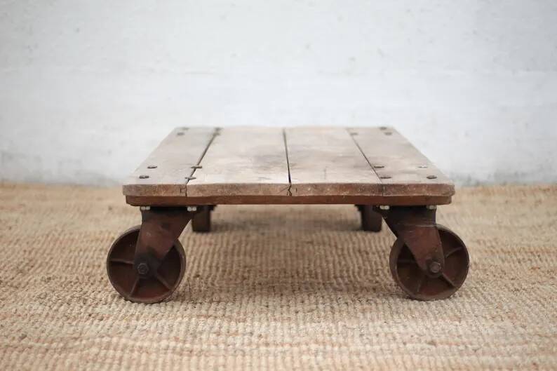 Vintage trolley coffee table, industrial wooden table on wheels, decor.