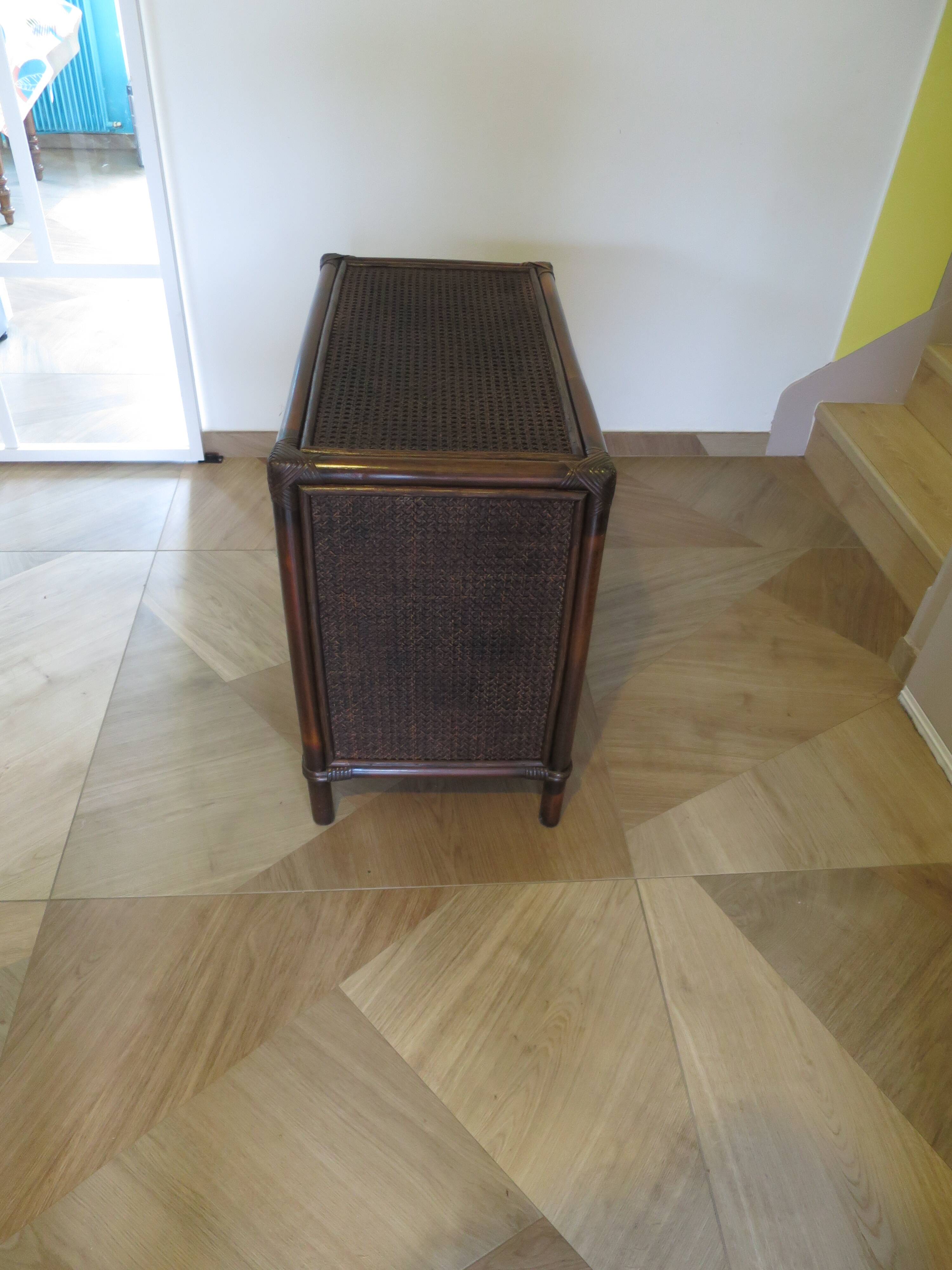Vintage 3-drawer chest of drawers - wood, bamboo and woven rattan - 1980s