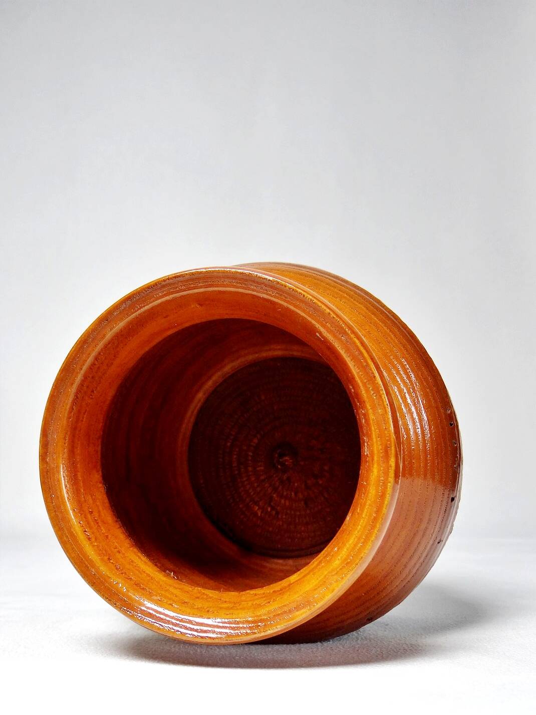 Small turned wooden vase, Brutalist, two-tone varnished with bark