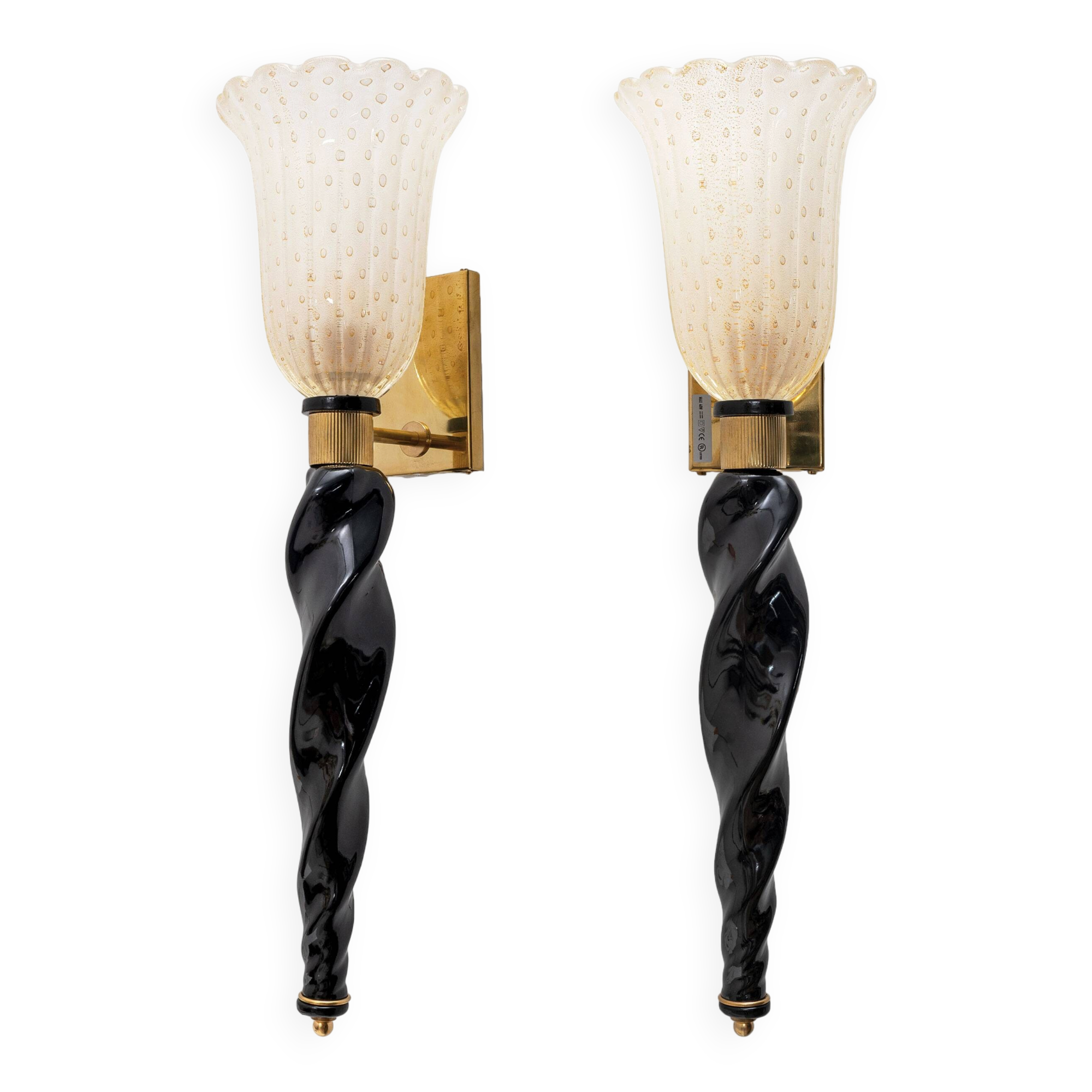Pair of Italian Murano Glass  Sconces with Gold Dust Inclusions and Brass