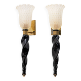 Pair of Italian Murano Glass  Sconces with Gold Dust Inclusions and Brass