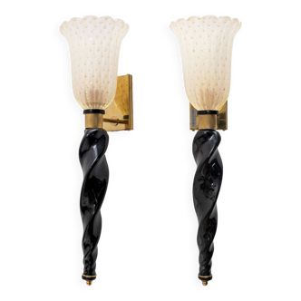 Pair of Italian Murano Glass  Sconces with Gold Dust Inclusions and Brass