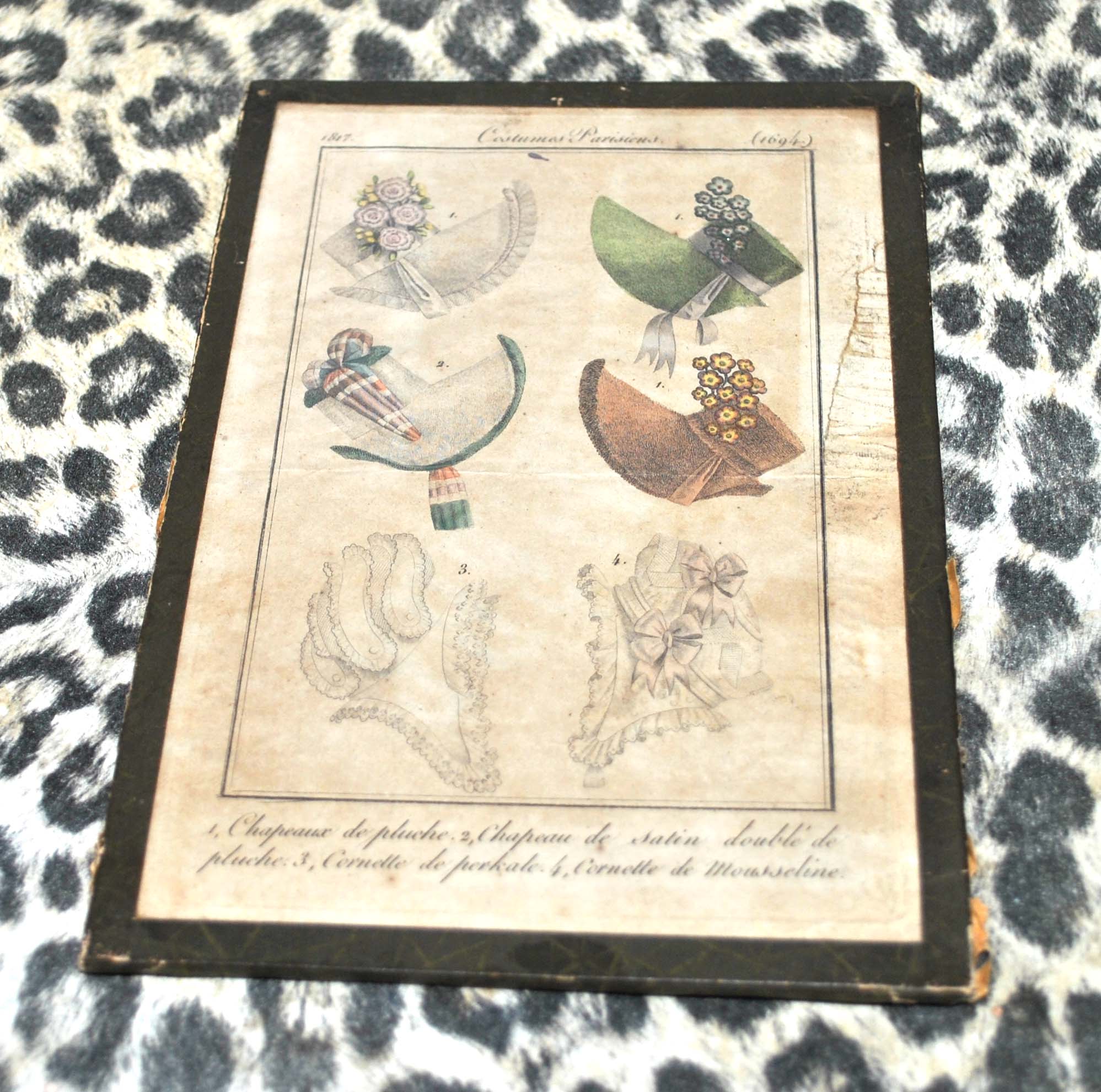 Fashion engraving under glass "Parisian costumes 1694" from 1817 - Hats caps cornettes