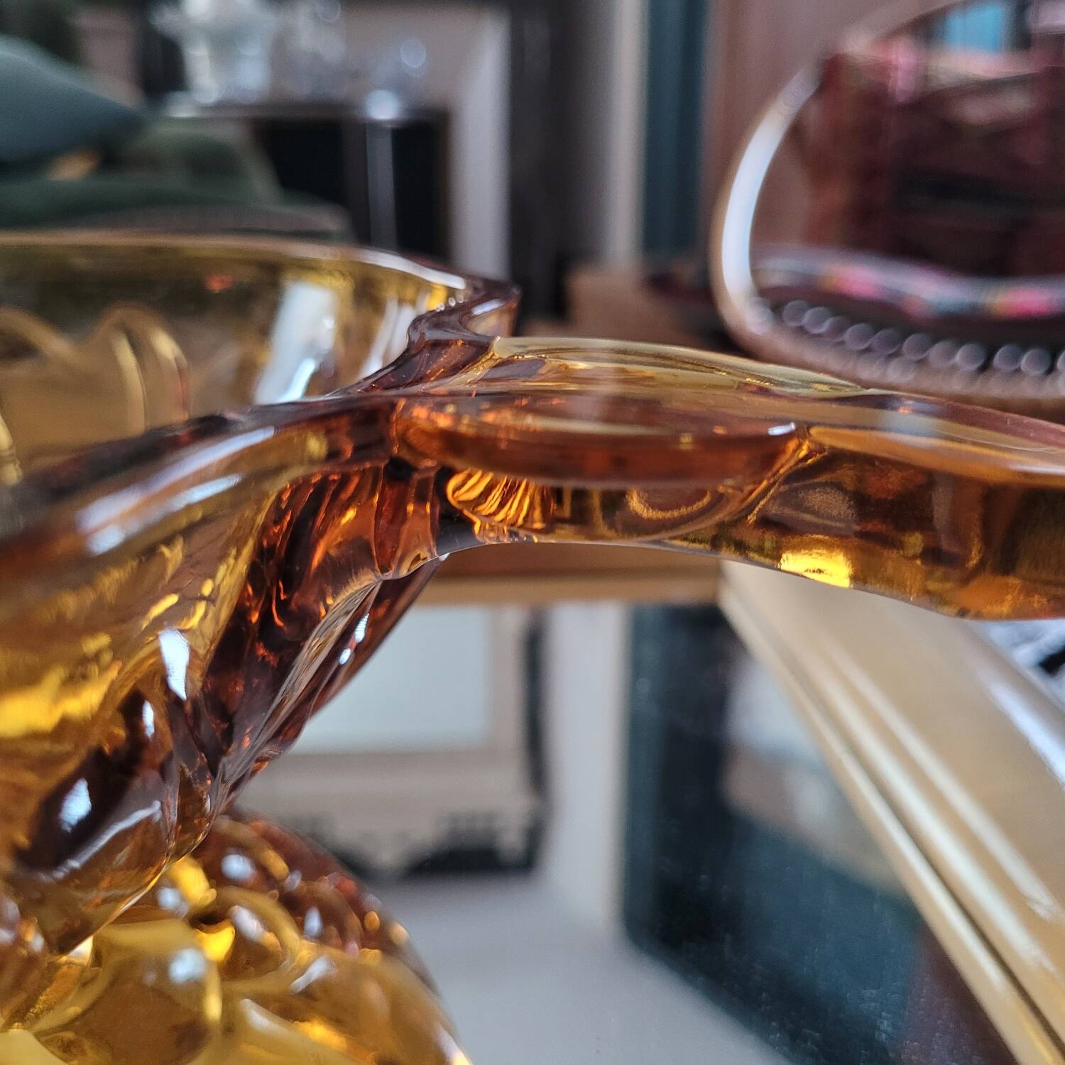 Vintage molded amber glass bowl – leaf and grape motif – years