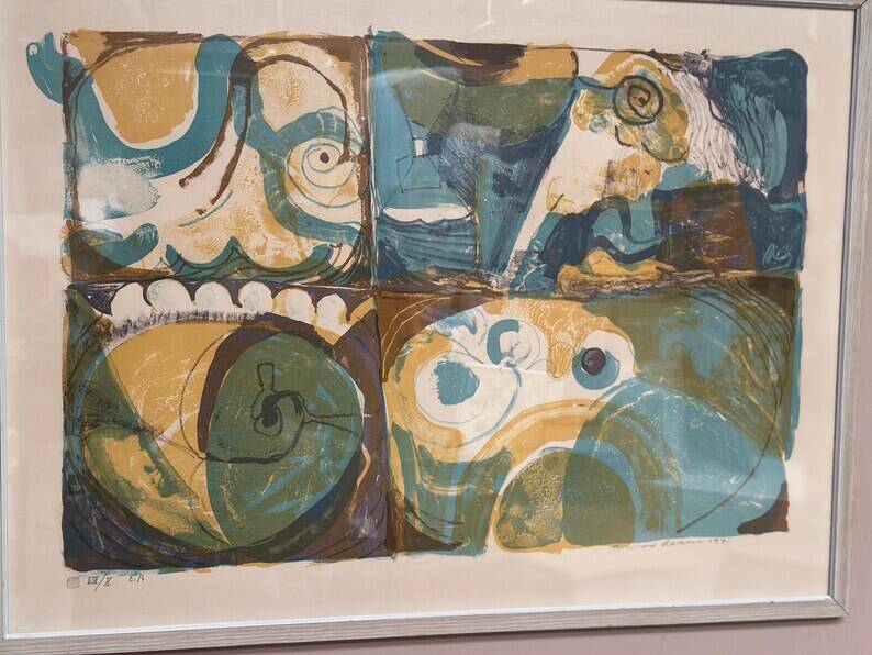 Large Original Swedish Graphic Sheet – "Composition" by Thormod Larsen – 1971 – Vintage and Framed – 79 × 59 cm (31.1" × 23.2")