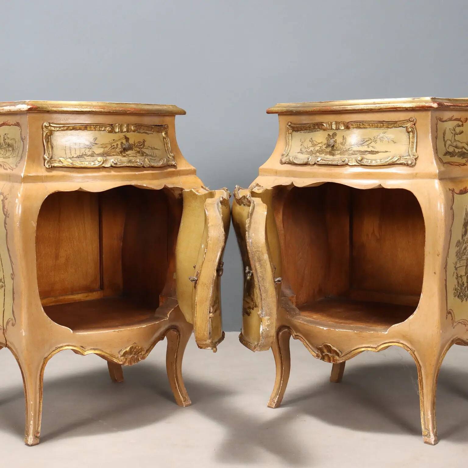 Antique bedside tables in Baroque style, wooden, Italy, 20th century.