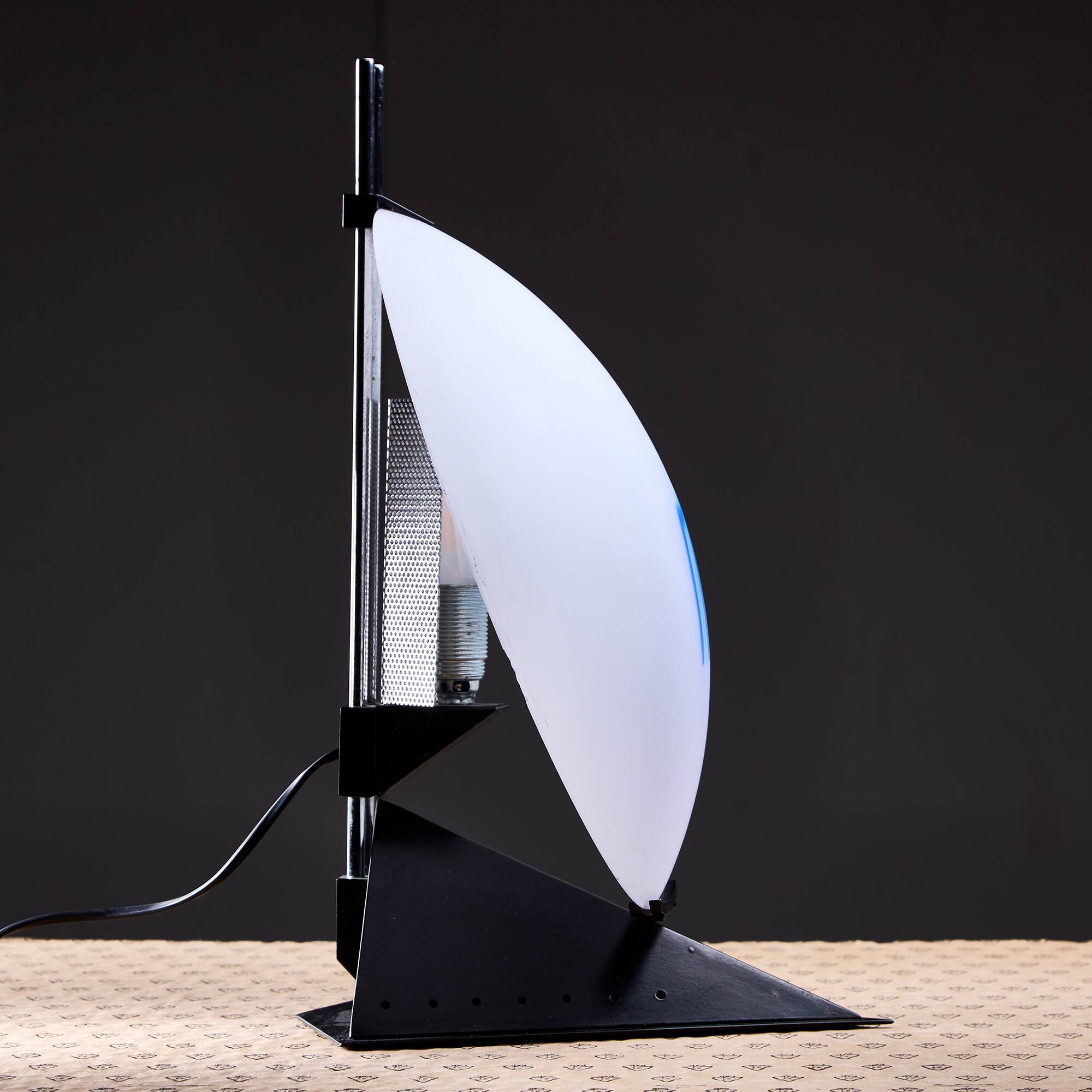 Postmodern Rhombus Shaped Table Lamp with Abstract Blue Stripes on Frosted Murano Glass