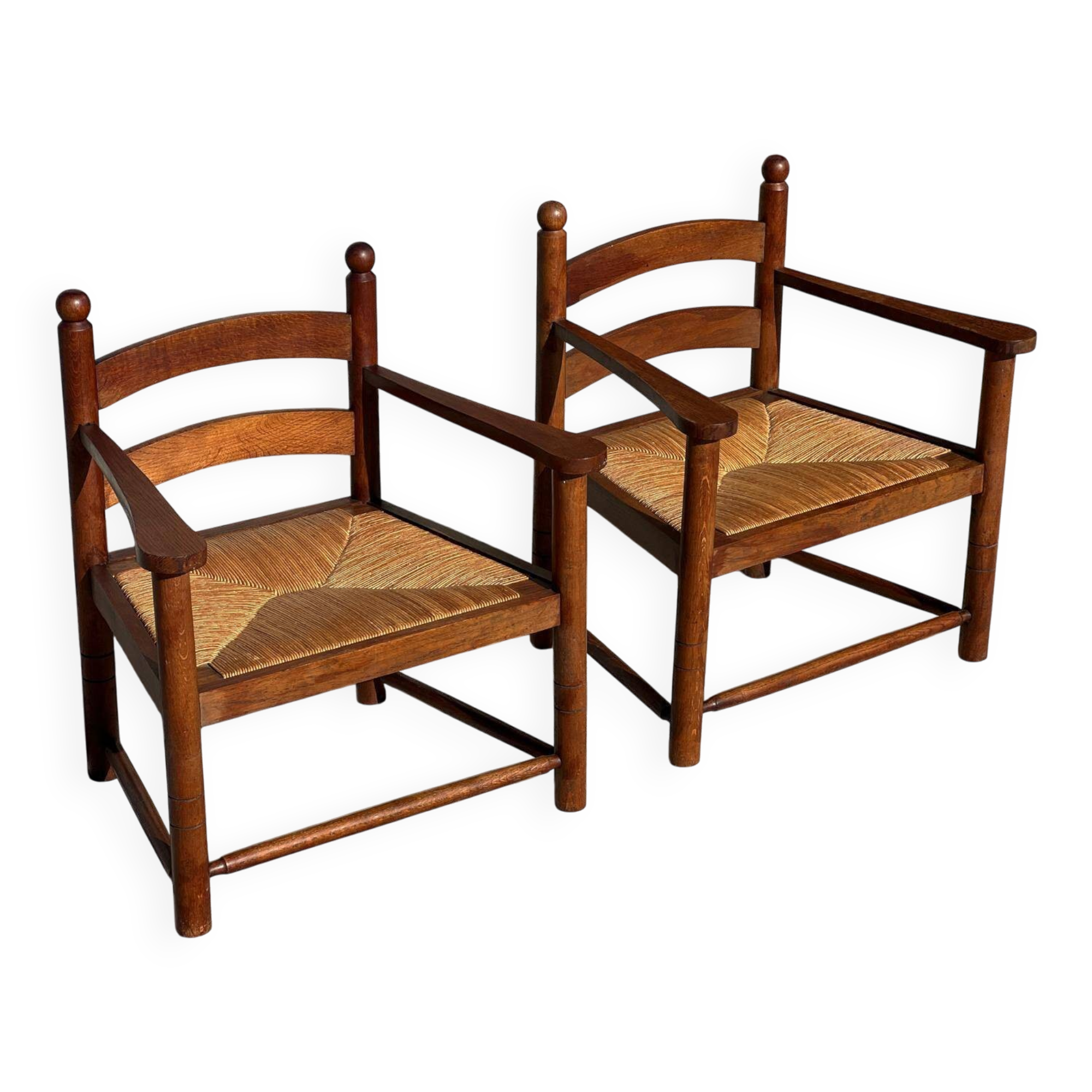 Paire de fauteuils bois et paille, travail français  1960