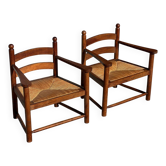Pair of wooden and straw armchairs, French work 1960