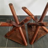 Set of teak and leather tripod stools