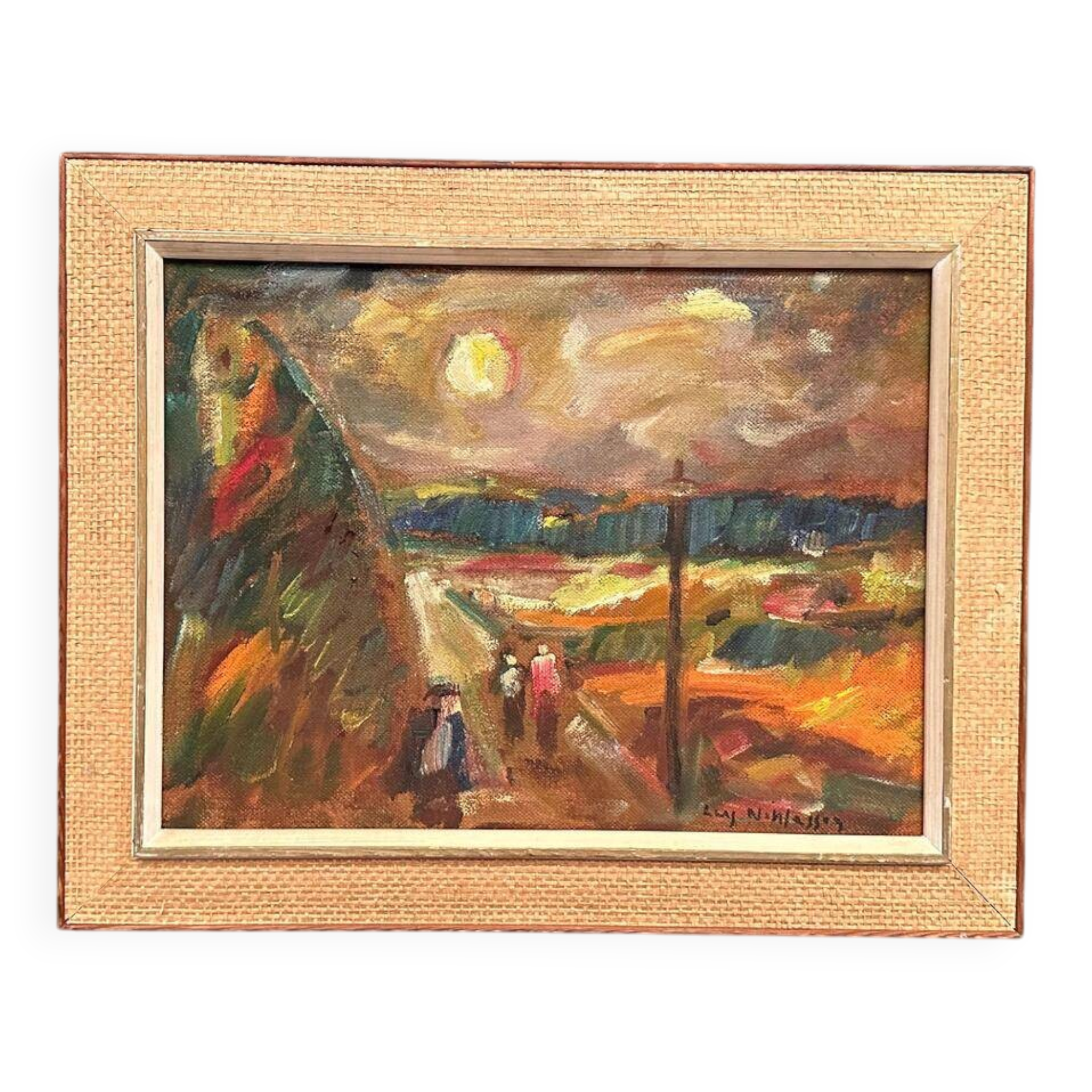 Original Swedish Oil on Panel – “Landscape with Figures” by Lars Niklasson