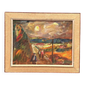 Original Swedish Oil on Panel – “Landscape with Figures” by Lars Niklasson