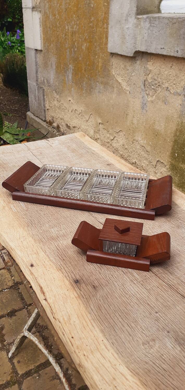 Vintage aperitif tray in oak and molded glass from the 50s