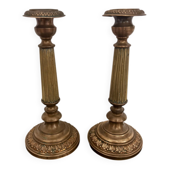 Set of 2 Antique Bronze Candle Holders - Louis XVI Style