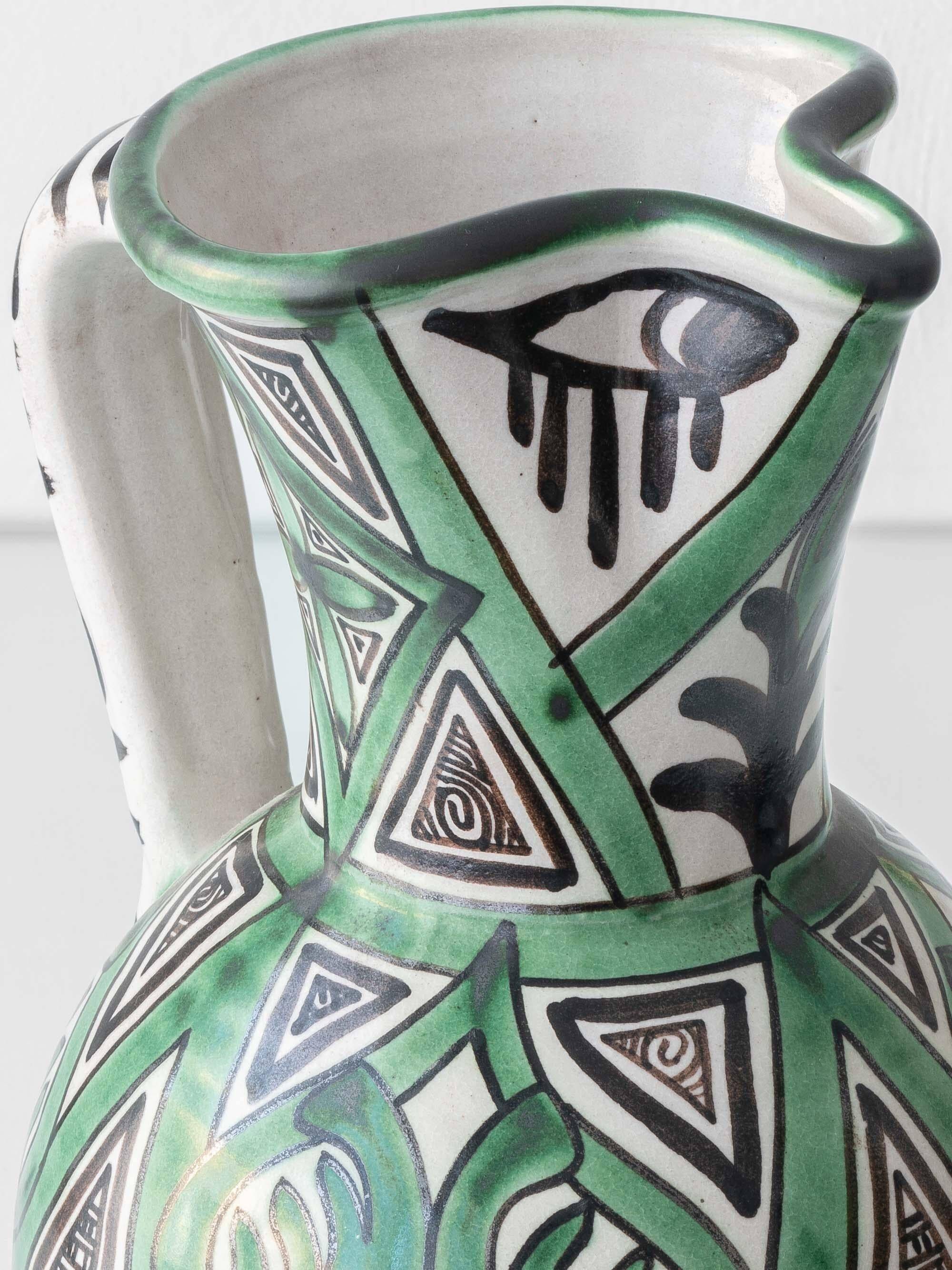 Spanish ceramic pitcher from the mid-century Mudéjar style in green and black, Punter.