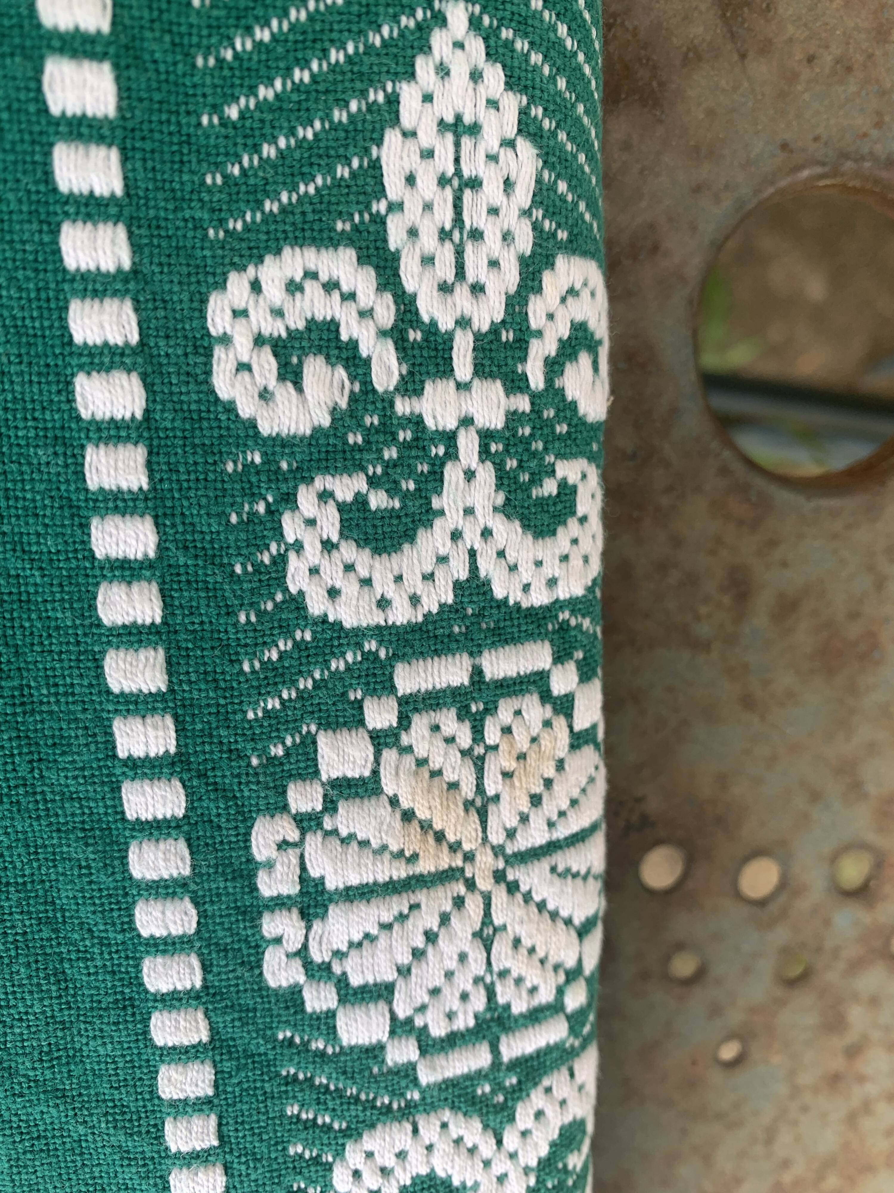 Helena Biarritz tablecloth, made in France, Basque linen, green with white embroidery, Vintage