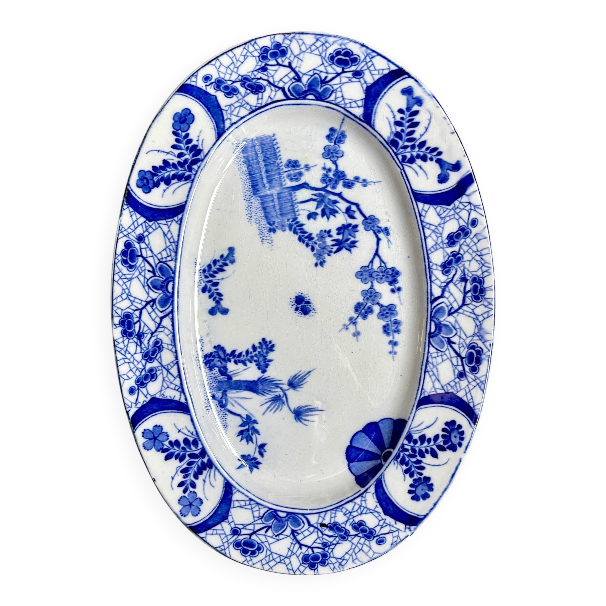 Large oval dish Creil & Montereau in blue ironstone, "Japan" service