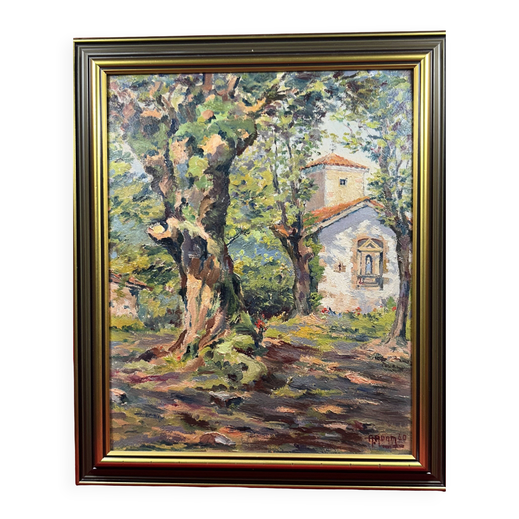 Oil on cardboard View of a Chapel ST Tropez? signed A. Adam 1960