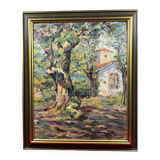 Oil on cardboard View of a Chapel ST Tropez? signed A. Adam 1960