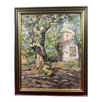Oil on cardboard View of a Chapel ST Tropez? signed A. Adam 1960
