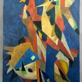 Oil on canvas by Jean Billecocq modern composition with roosters 1960