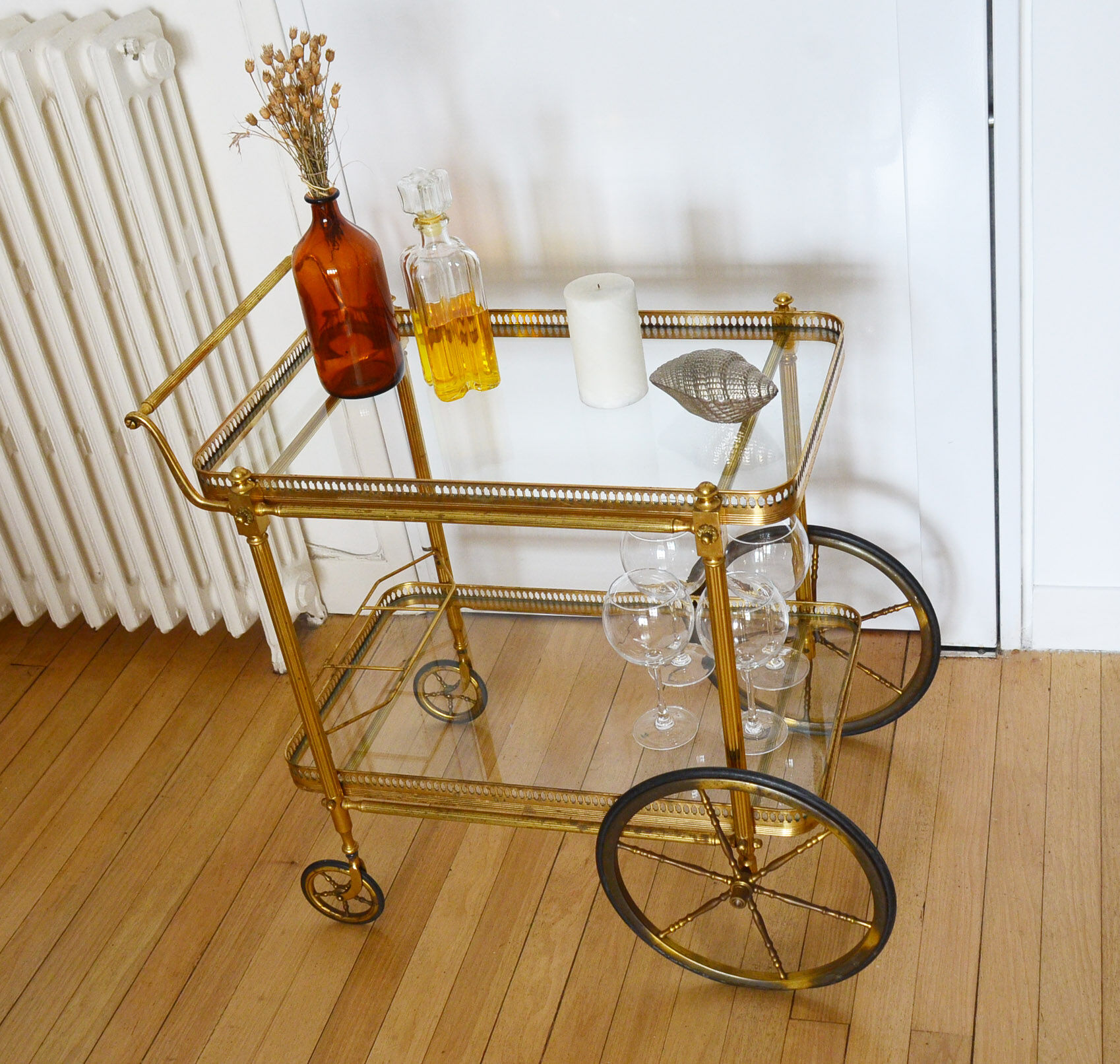 Brass trolley with wheels 60's bottle holder
