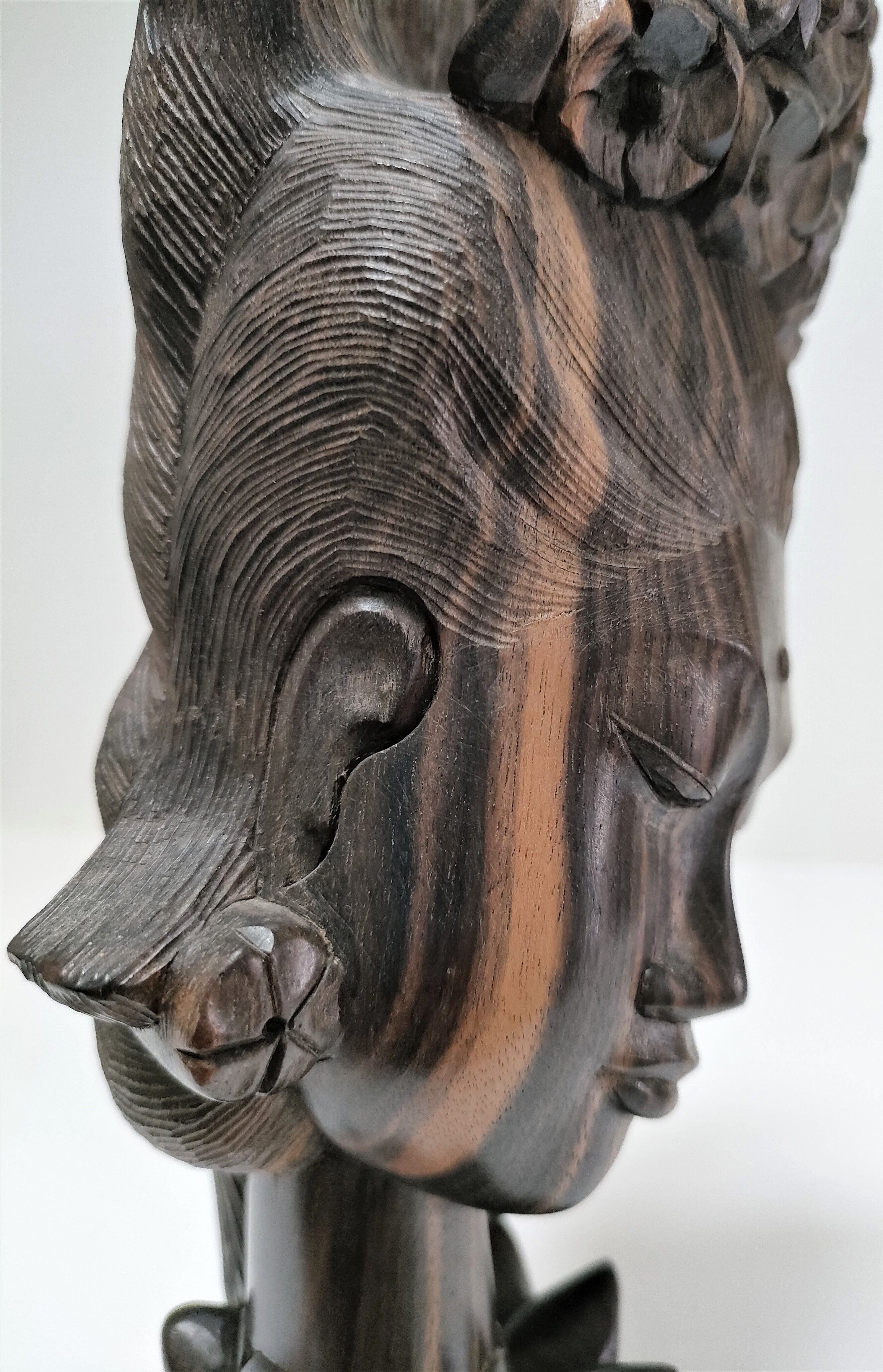 Wooden bust of woman with floral headdress sculptural work of the 60s-70s